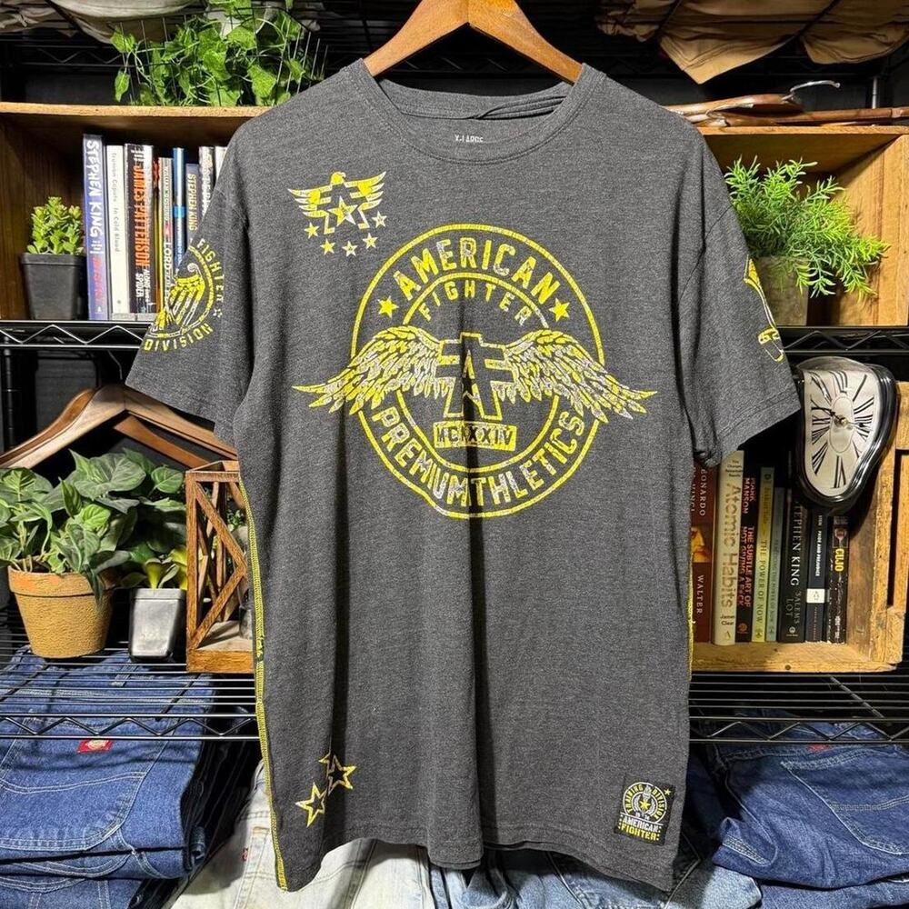 Y2K American Fighter AOP Tee Gray/Black and Yellow Wrestling MMA Shirt Mens XL